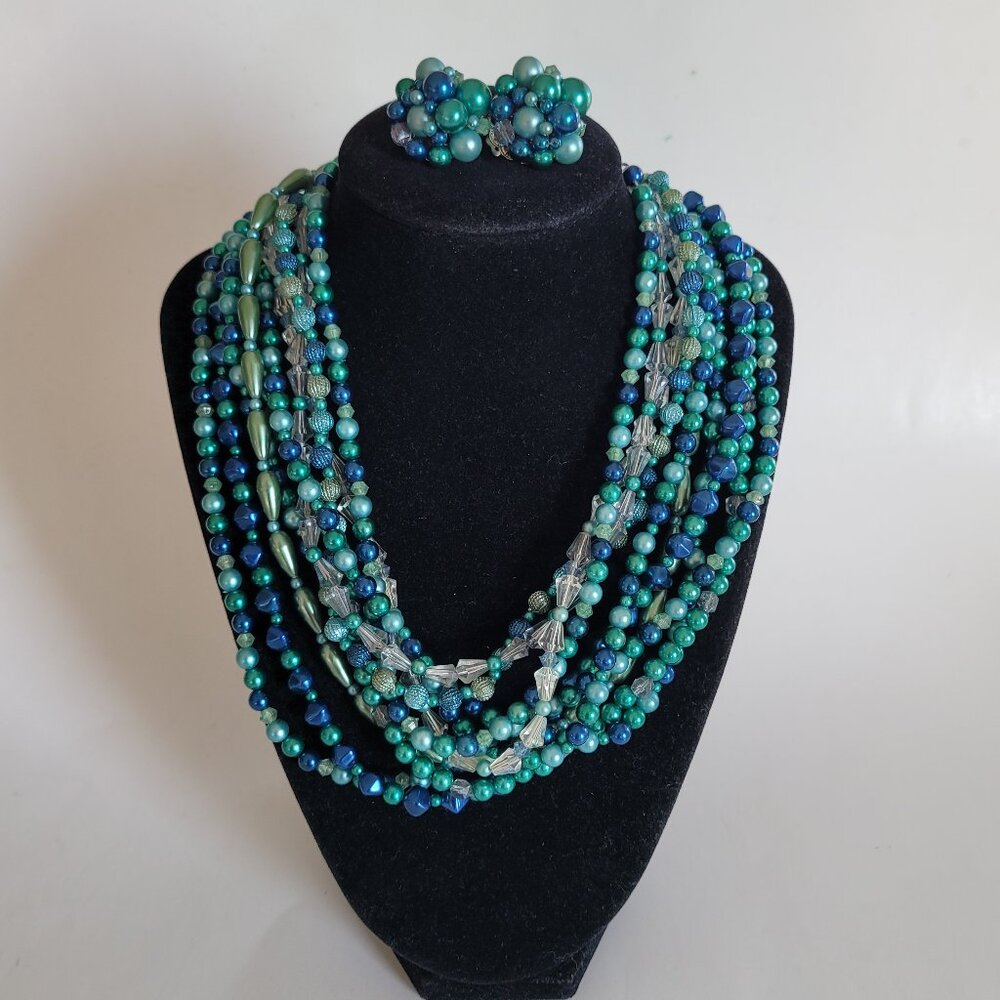 Japan Vintage Plastic Bead Multi Strand Necklace Cluster Earrings Set Blue Green - Picture 1 of 8